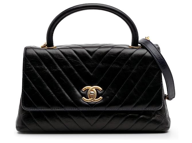 Chanel Black Medium Chevron Aged Calfskin Coco Top Handle