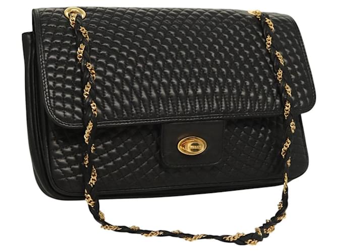 BALLY Chain Shoulder Bag Leather Black Gold Auth kk524 Golden ref