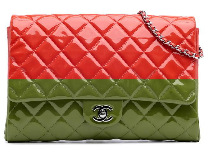 Chanel Red CC Quilted Patent Clutch with Chain Leather
