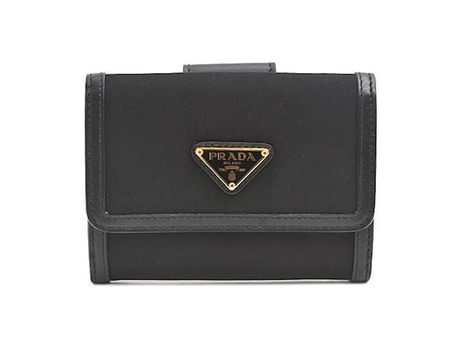 Prada Women's Bi-fold Wallet Black Leather Nylon