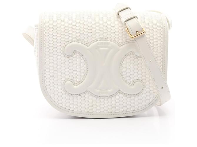 Céline Celine Folco Cuir Triomphe Shoulder Bag White Leather