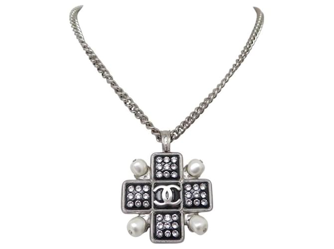 NEW CHANEL NECKLACE AB8408 CROSS PENDANT GRIPOIX STRASS CC LOGO