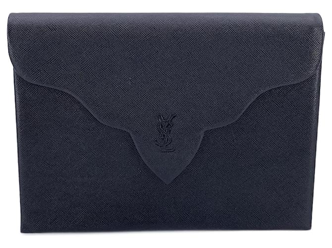 Yves Saint Laurent Vintage Black Leather YSL Logo Flap