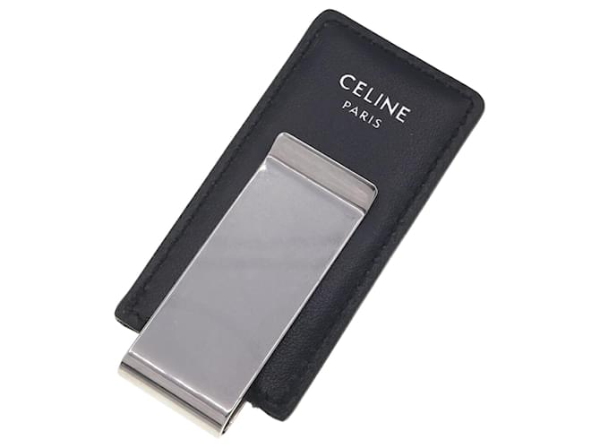 Céline Celine Money Clip Triomphe Bill Brown Black Leather Metal