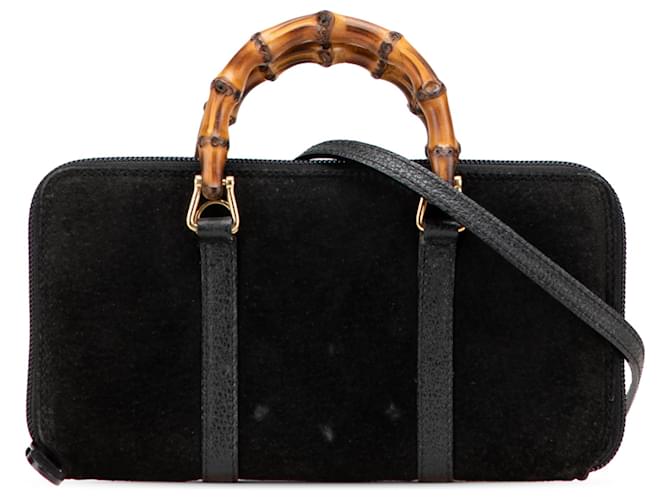 Gucci Black Suede Bamboo Wallet On Strap Leather ref.2308704