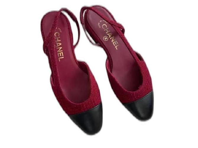 Saltos slingback em tweed vermelho atemporal da Chanel Preto