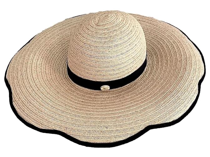 CHANEL カメリアハット Camelia Chanel straw hat with black trim, size T.S Beige Cotton