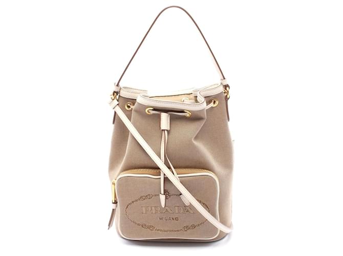 PRADA バケットバッグ ベージュ Prada Canvas Leather Logo Jacquard Handbag Brown Beige Cloth ref
