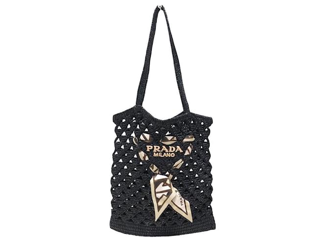 SAC A MAIN CABAS PRADA PAILLE LOGO ET FOULARD EN SOIE RAPHIA NOIR