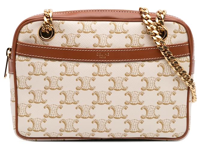 Céline Celine White Small Triomphe Coated Canvas Patapans Shoulder