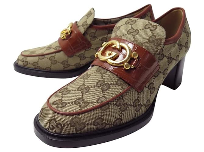 NEW GUCCI HEEL LOAFERS 724242 IN SUPREME GG INTERLOCKING CANVAS