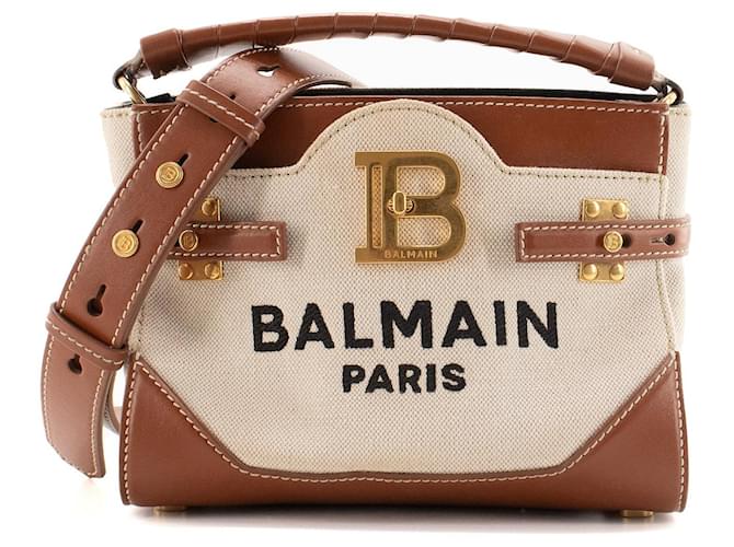 BALMAIN Sac à bandoulière B-Buzz 22 Balmain en toile beige et cuir marron