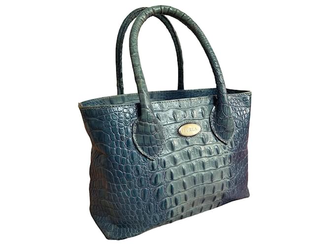 FURLA Vintage Blue Leather Tote Croc-Embossed Handbag Made in