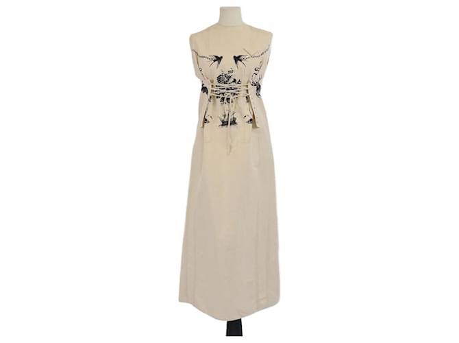 Prada Beige Sleeveless Round Neck Lace Details Printed Midi Dress Cotton Linen ref.2366982 - Joli Closet Prada Beige Sleeveless Round Neck Lace Details Printed Midi Dress Cotton Linen ref.2366982 - Joli Closet