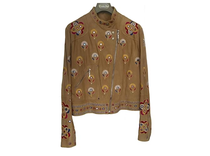 Christian Dior Leather Jacket by John Galliano Beige Suede Silk