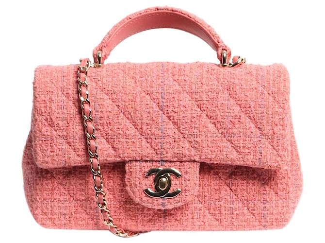 Chanel Bolso de tweed rosa con solapa simple Paño