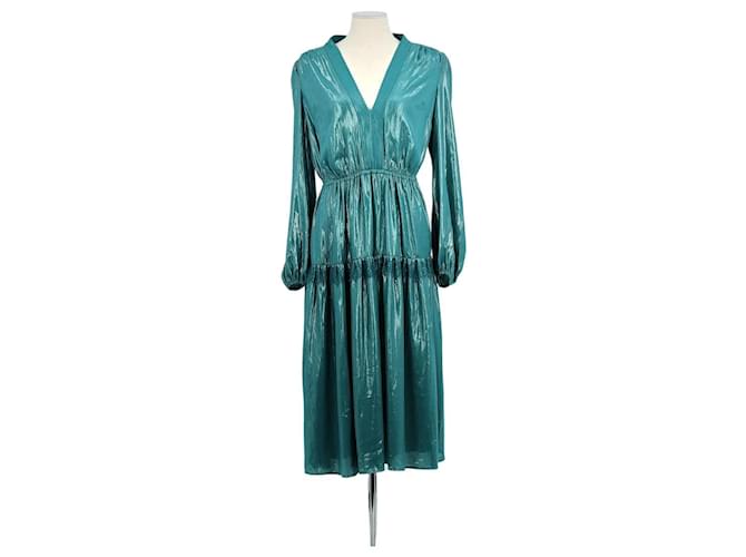 slim fit dress slacks ELISABETTA FRANCHI Women's long green dress in openwork knit with jewel  detail main image 0