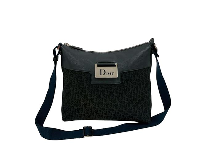 Christian Dior Black Shoulder Bag Navy blue Leather Cloth ref