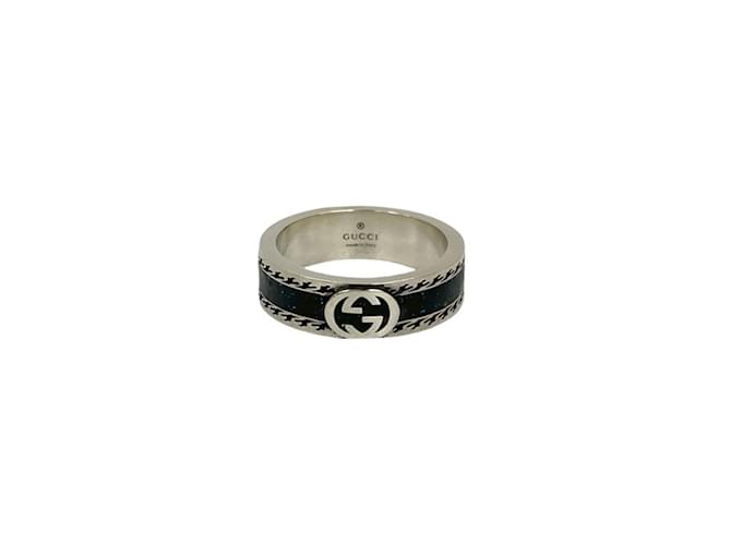 GUCCI Interlocking G Black Enamel Ring Silvery Silver ref