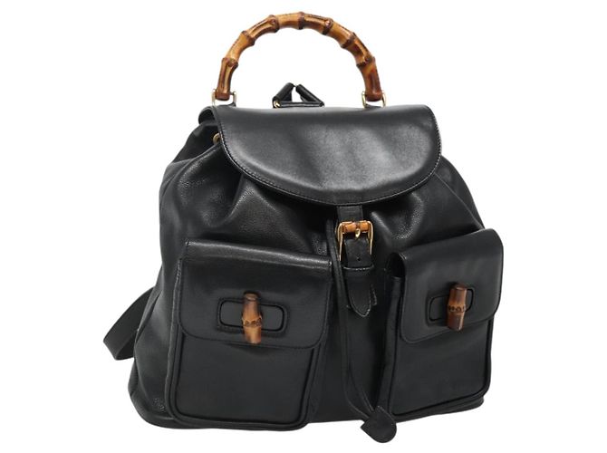 GUCCI Bamboo Backpack Leather Black Gold 003 2058 0030 Auth  display picture 3