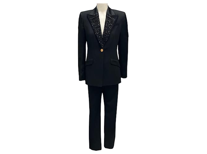 Versace Black Crystal Embellished Tuxedo Jacket and Pants Suit Set