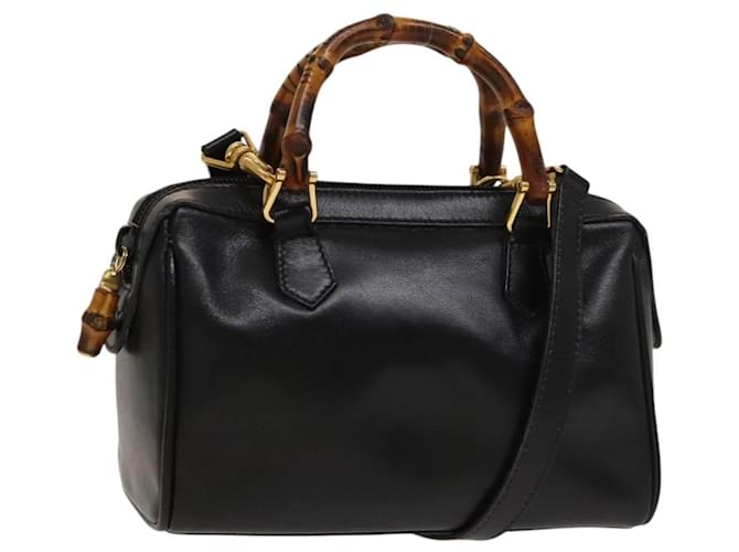 GUCCI Bamboo Hand Bag Leather 2way Black Gold 007 3444 0232 Auth