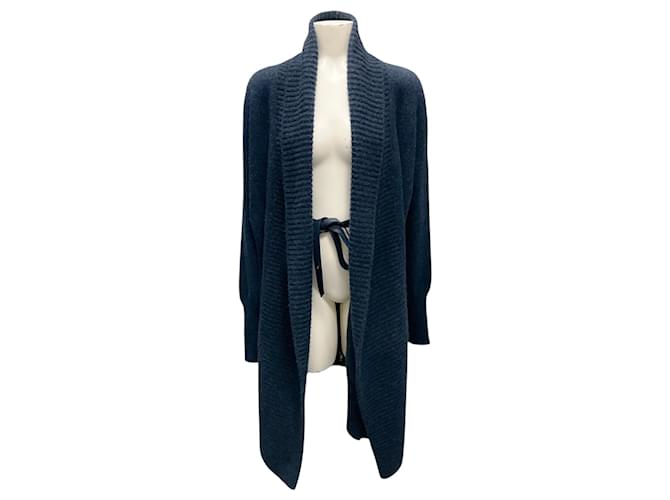 Loro Piana Navy Lambskin Leather Belted Cashmere Knit Long