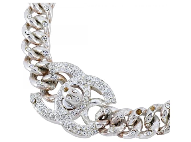Chanel Coco Mark Turn Lock Metal Rhinestone Necklace Silvery ref