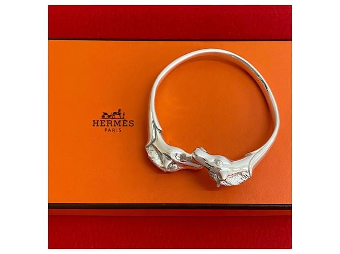 Hermès Hermes Cheval Double Head Bracelet Bangle Silvery Metal ref