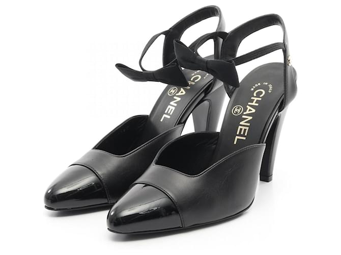 Chanel Coco Mark Ribbon Leather Patent Leather Pumps Black