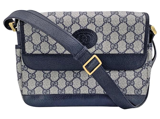 Gucci Vintage Navy Blue Monogram Canvas Flap Shoulder Bag Cloth