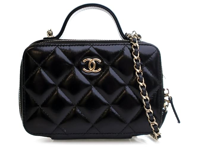Chanel Black Mini CC Glazed Calfskin Double Zip Top Handle Vanity