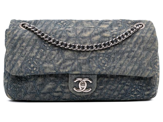 Chanel Blue Large Embroidered Denim Camellia Flap Cloth ref