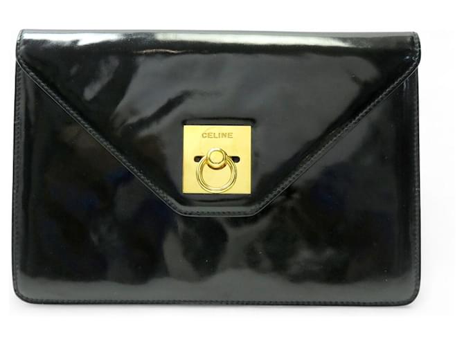 バッグ Celine Vintage Black Leather Pouch Bag Céline VINTAGE CELINE FLAP POUCH PATENT LEATHER CLUTCH Black ref