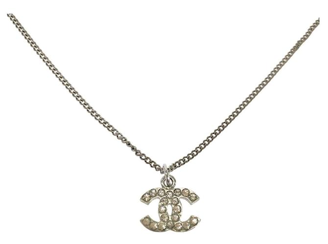Chanel Coco Mark Rhinestone Necklace Silvery Metallic Metal ref