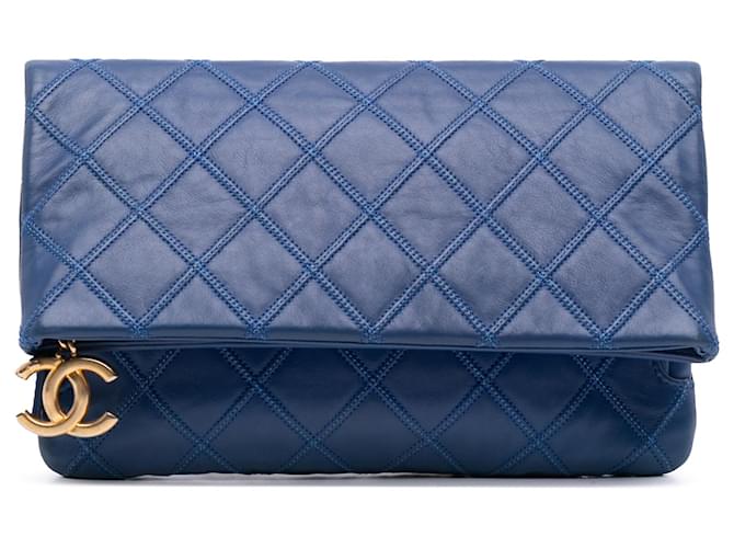 Chanel Blue CC Quilted Lambskin Foldover Clutch Leather ref