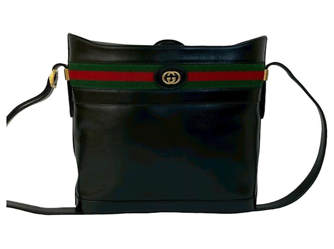 Gucci Vintage Sherry Line GG Logo Leather Shoulder Bag Black