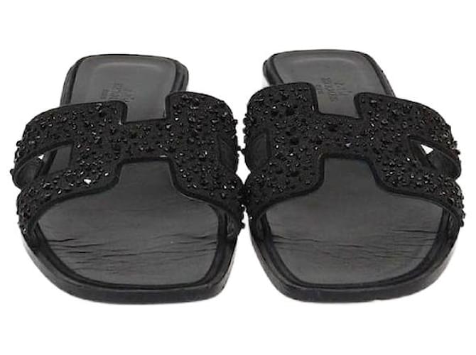 Hermès Hermes Black Oran Rhinestone Embellished Flat Sandals
