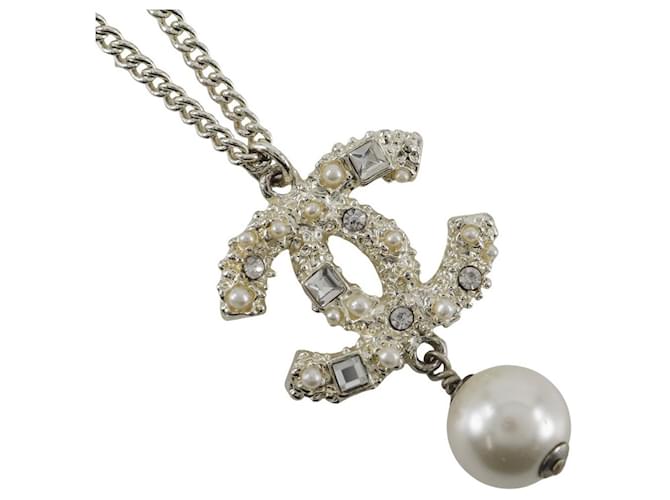 Chanel Coco Mark Rhinestone Pearl Necklace White Metal