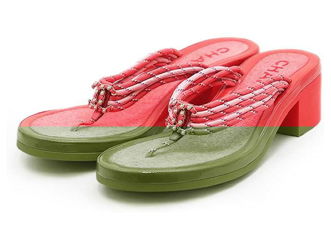 Chanel COCO Mark Mesh Patent Leather Pearl Thong Sandals Pink Faux