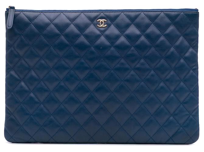 Chanel Blue Large Quilted Lambskin O Case Clutch Dark blue Leather
