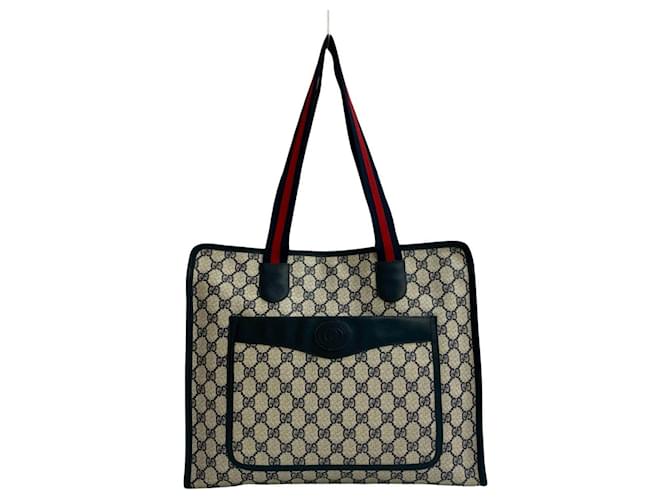 GUCCI Vintage Sherry Line GG Logo Leather Tote Bag Red Navy blue