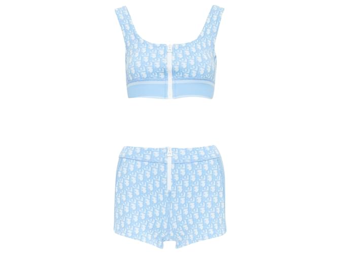 Christian Dior blue white Oblique monogram zip crop top shorts set