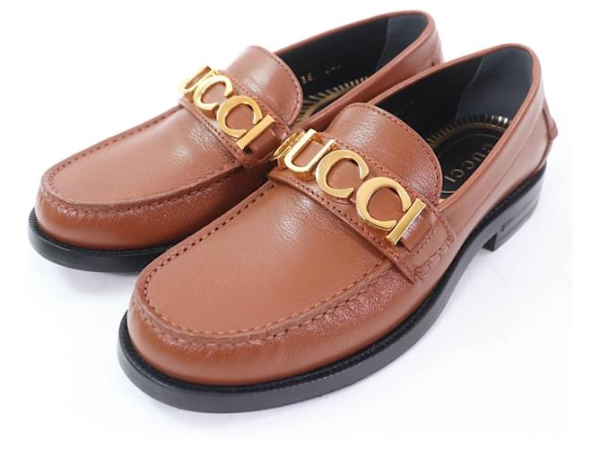 Gucci Logo Metal Leather Loafers Brown ref.2520248 - Joli Closet