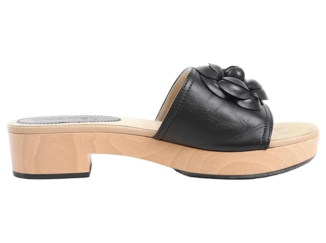 Timeless Chanel Camellia Wood x Leather Mules in Black, Size 41 EU
