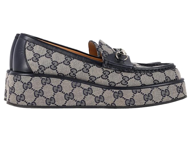 Mocassini con zeppa Gucci GG Horsebit in tela nera Nero ref