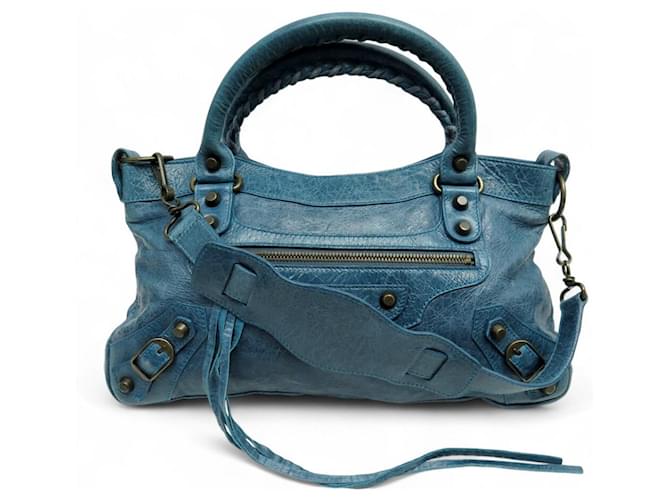 BALENCIAGA 103208 CITY CLASSIC FIRST TOTE IN BLUE LEATHER HAND BAG