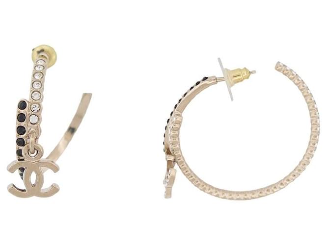 NEW CHANEL CC LOGO BLACK STRASS HOOP EARRINGS 2022 Golden Metal