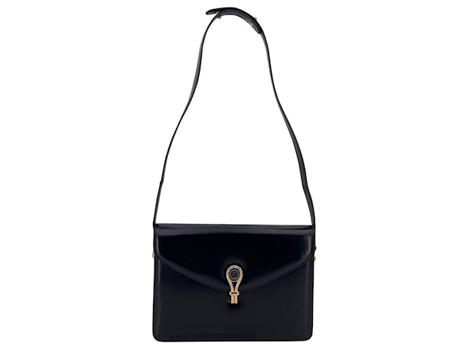 Gucci Vintage Black Leather Box Shoulder Bag with Lapis Closure