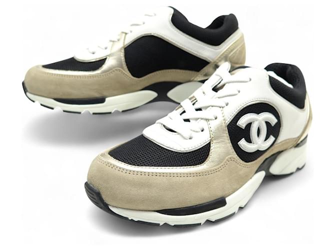 NEUF CHAUSSURES CHANEL BASKETS G39066 38 EN TOILE CUIR LOGO CC